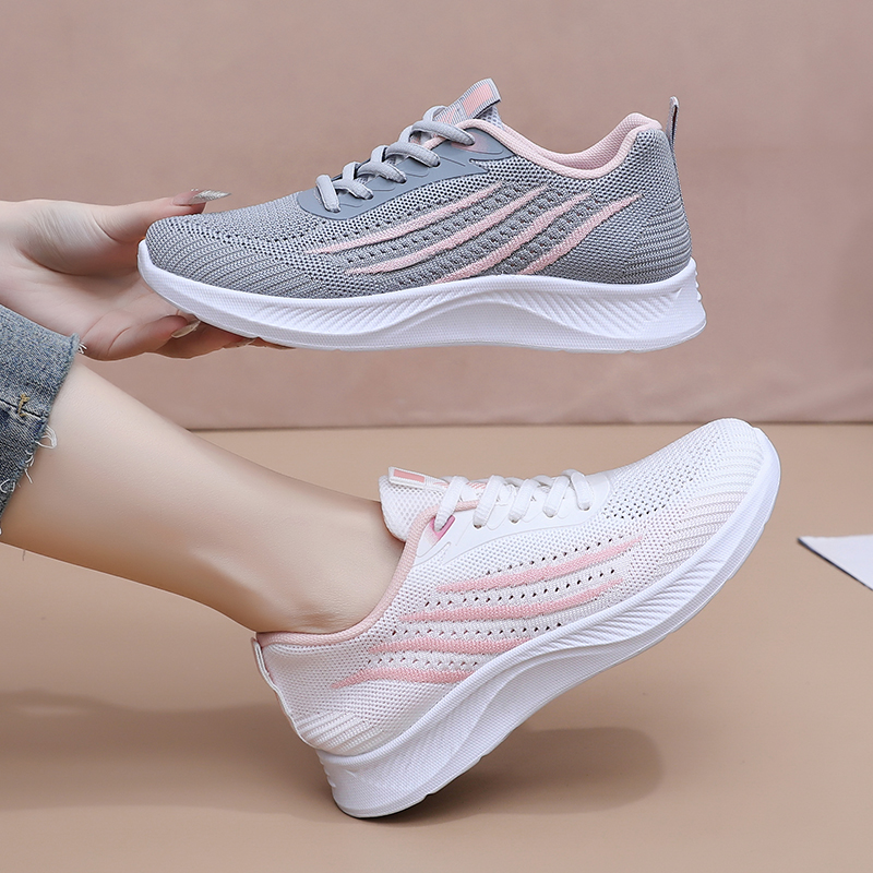 Knit Fabric Lace Up Sneakers - รองเท้าผ้าใบตาข่ายลำลองสำหรับผู้หญิง ฤดูใบไม้ร่วง อัปเปอร์ถัก ระบายอากาศได้ดี แบบผูกเชือก น้ำหนักเบา