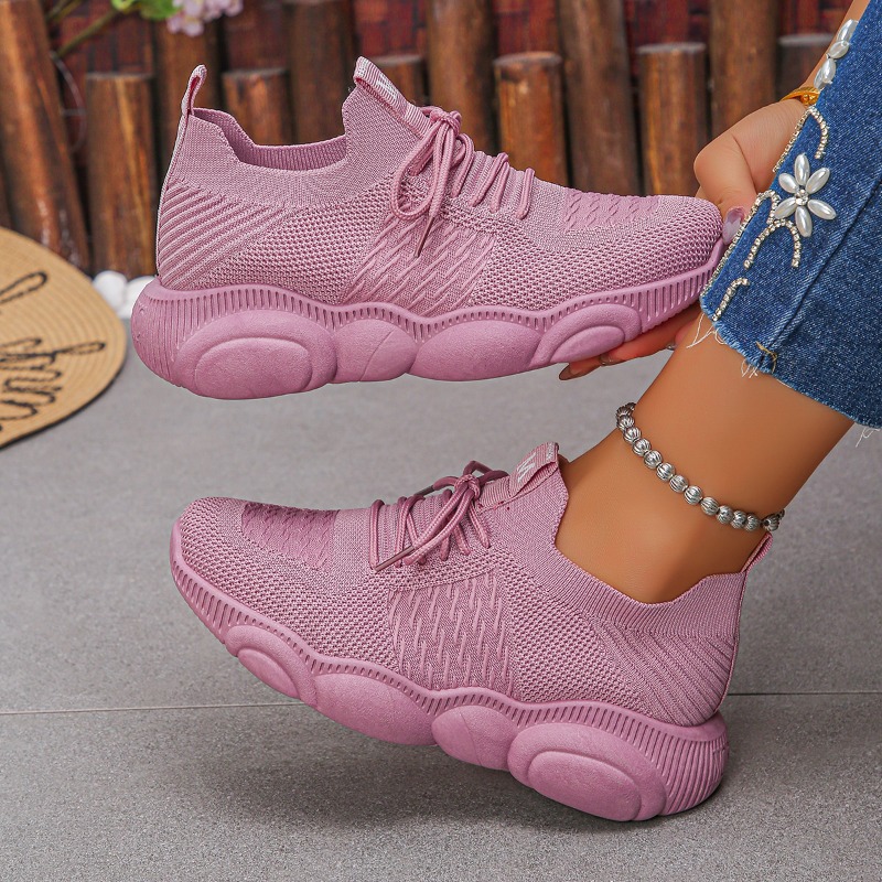 Knit Fabric Lace Up Sneakers - รองเท้าผ้าใบผู้หญิง ดีไซน์ใหม่ ทันสมัย ถักลายเรียบ ไม่ลื่น รองเท้าโลฟเฟอร์