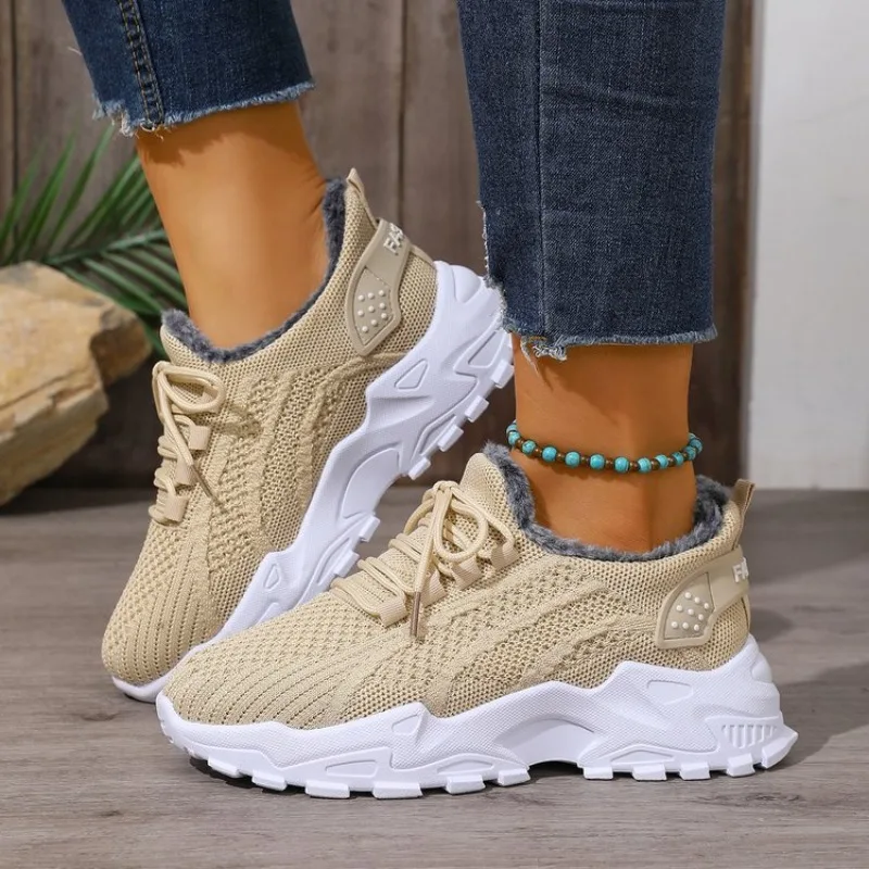 รองเท้าผ้าใบกันหนาวสำหรับผู้หญ - Knit Fabric Lace Up Sneakers บทวิจารณ์และราคา