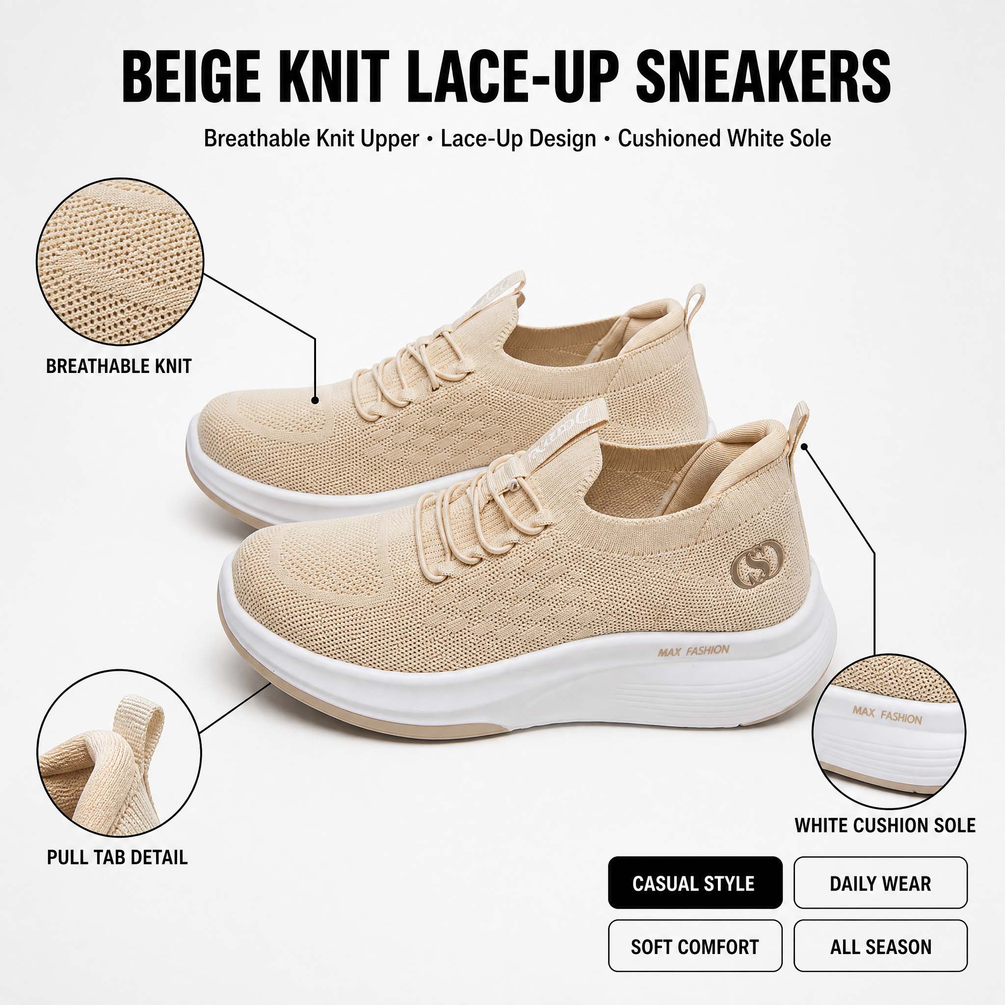 รองเท้าผ้าถักแบบมีพื้นหนาสำหรั - Knit Fabric Lace Up Sneakers บทวิจารณ์และราคา