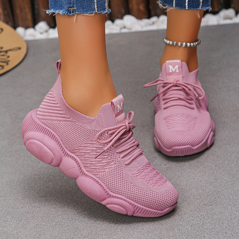 รองเท้าผ้าใบผู้หญิง ดีไซน์ใหม่ - Knit Fabric Lace Up Sneakers บทวิจารณ์และราคา