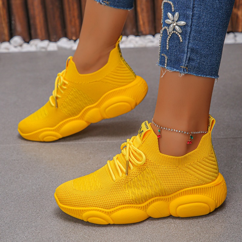 รองเท้าผ้าใบผู้หญิง ดีไซน์ใหม่ - Knit Fabric Lace Up Sneakers บทวิจารณ์และราคา