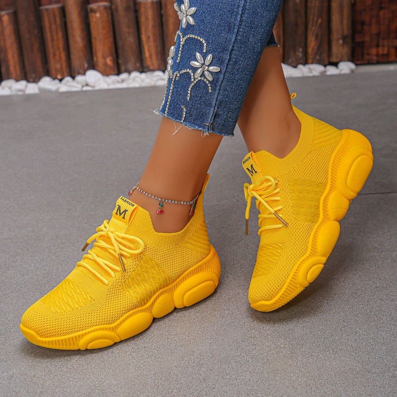รองเท้าผ้าใบผู้หญิง ดีไซน์ใหม่ - Knit Fabric Lace Up Sneakers บทวิจารณ์และราคา